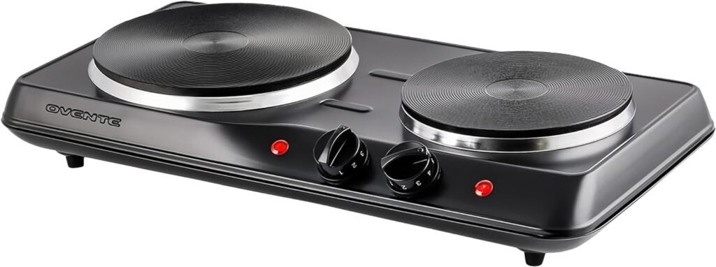 OVENTE Electric Countertop Double Burner, 1700W Cooktop with 7.25 and 6.10 Cast Iron Hot Plates, Temperature Control, Portable Cooking Stove and Easy to Clean Stainless Steel Base, Black BGS102B