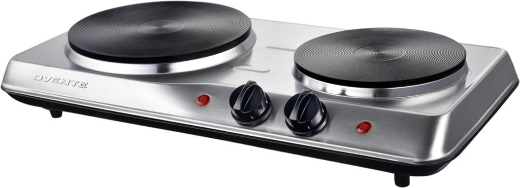 OVENTE Electric Countertop Double Burner, 1700W Cooktop with 7.25 and 6.10 Cast Iron Hot Plates, Temperature Control, Portable Cooking Stove and Easy to Clean Stainless Steel Base, Black BGS102B