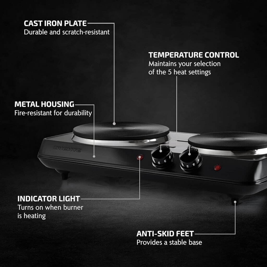 OVENTE Electric Countertop Single Burner, 1000W Cooktop with 7.25 Inch Cast Iron Hot Plate, 5 Level Temperature Control, Compact Cooking Stove and Easy to Clean Stainless Steel Base, Silver BGS101S