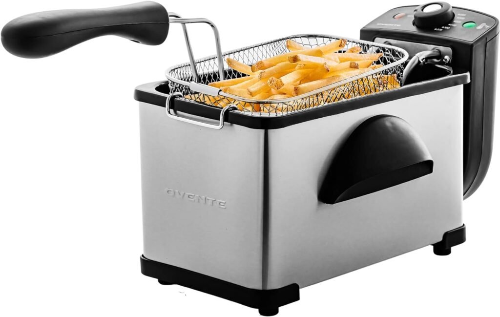 OVENTE Electric Deep Fryer 2 Liter Capacity, 1500 Watt Lid with Viewing Window and Odor Filter, Adjustable Temperature, Removable Frying Basket and Easy to Clean Stainless Steel Body, Silver FDM2201BR