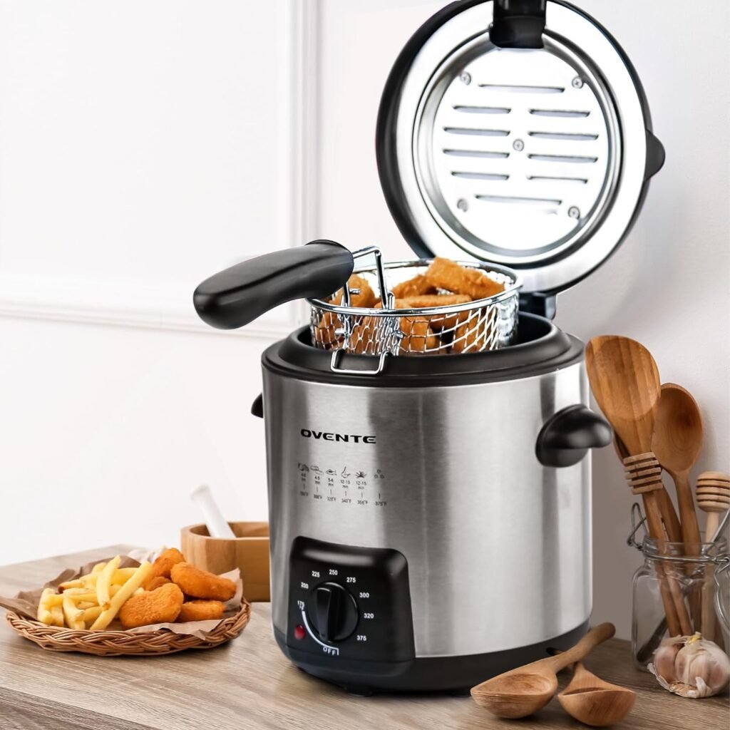 OVENTE Electric Deep Fryer 2 Liter Capacity, 1500 Watt Lid with Viewing Window and Odor Filter, Adjustable Temperature, Removable Frying Basket and Easy to Clean Stainless Steel Body, Silver FDM2201BR