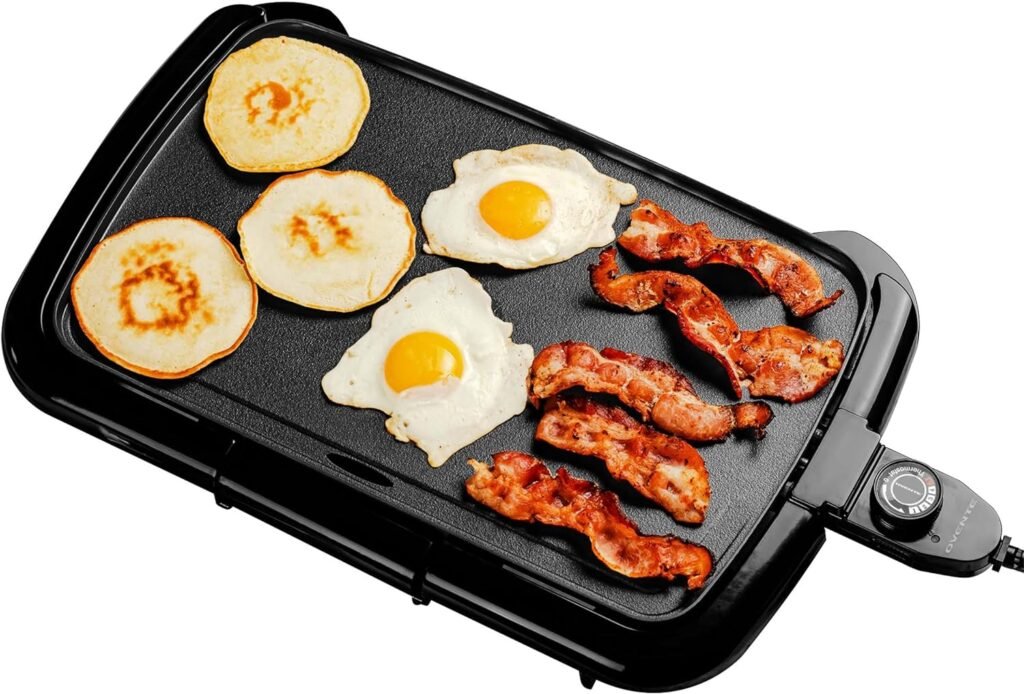 OVENTE Electric Griddle with 16 x 10 Inch Flat Non-Stick Cooking Surface, Adjustable Thermostat, Essential Indoor Grill for Instant Breakfast Pancakes Burgers Eggs, Black GD1610B