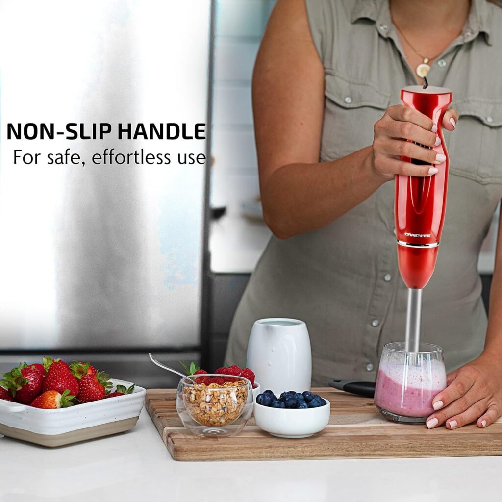 OVENTE Electric Immersion Hand Blender 300 Watt 2 Mixing Speed with Stainless Steel Blades, Powerful Portable Easy Control Grip Stick Mixer Perfect for Smoothies, Puree Baby Food  Soup, Red HS560R