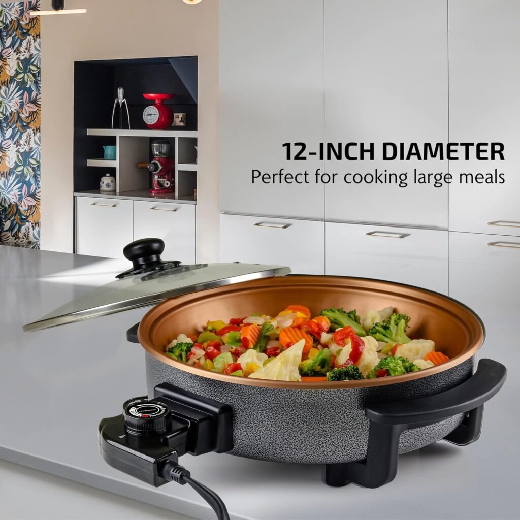 OVENTE Electric Skillet and Frying Pan, 12 Inch Round Cooker with Nonstick Coating, 1400W Power, Adjustable Temperature Control, Tempered Glass Lid with Vent and Cool Touch Handles, Copper SK11112CO