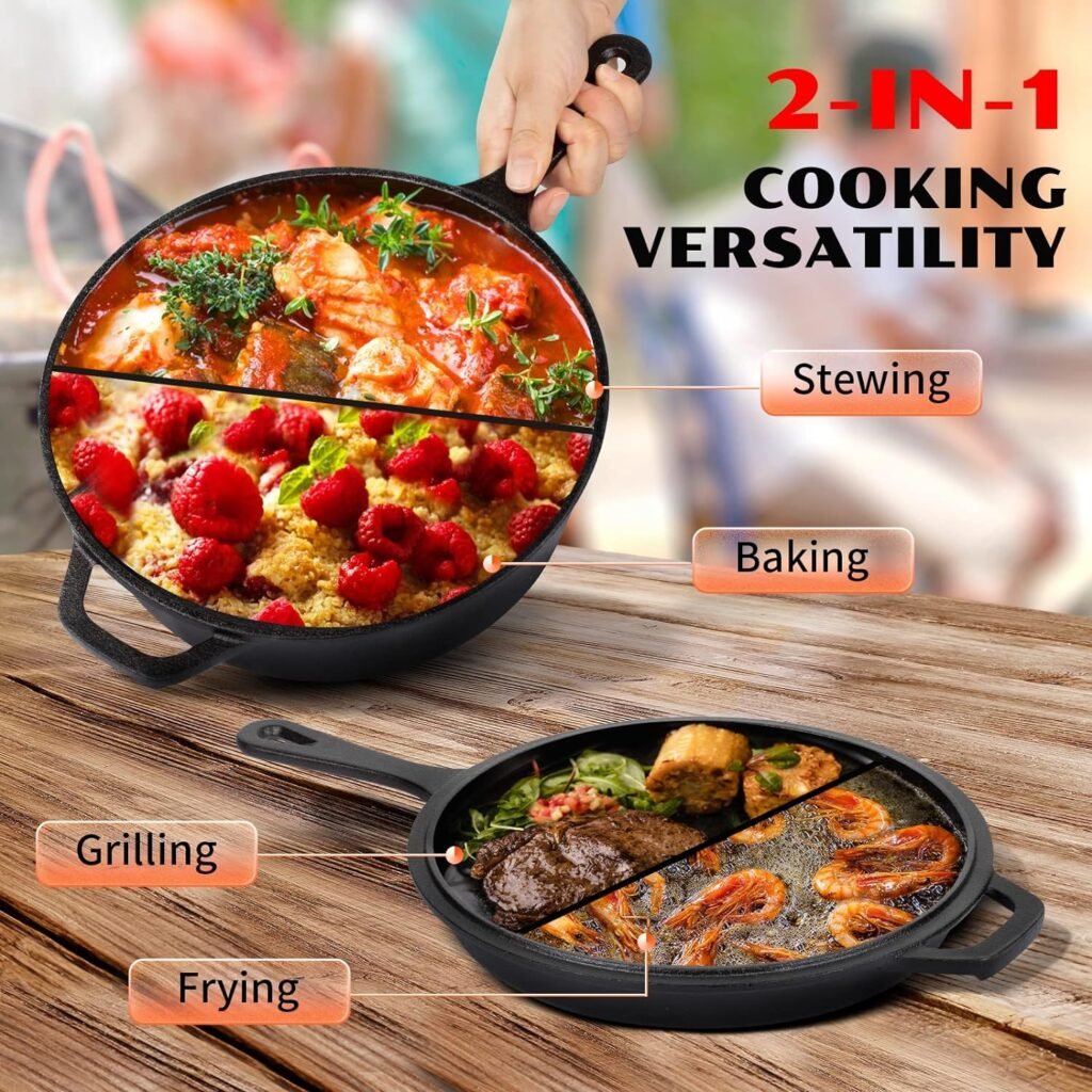 Overmont Cast Iron Dutch Oven with dual use Skillet lid for Oven, Induction, Electric, Grill, Stovetop, (3.2QT Pot, 10.5 inches)