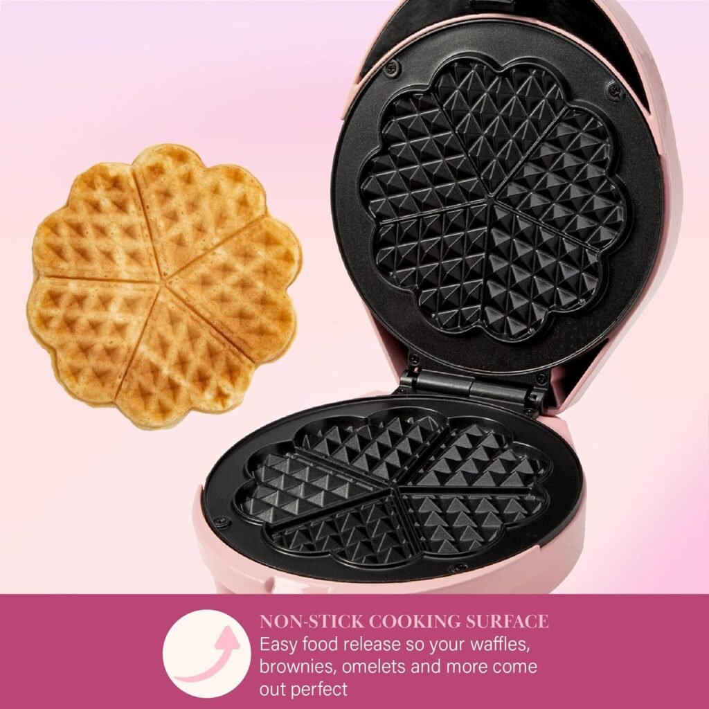 Paris Hilton Heart Waffle Maker, Makes 5 Mini Heart Shaped Waffles or 1 Individual Waffle, Easy to Clean 6 Nonstick Plates, Made without PFAS or PFOA, Electric Waffle Iron, Pink