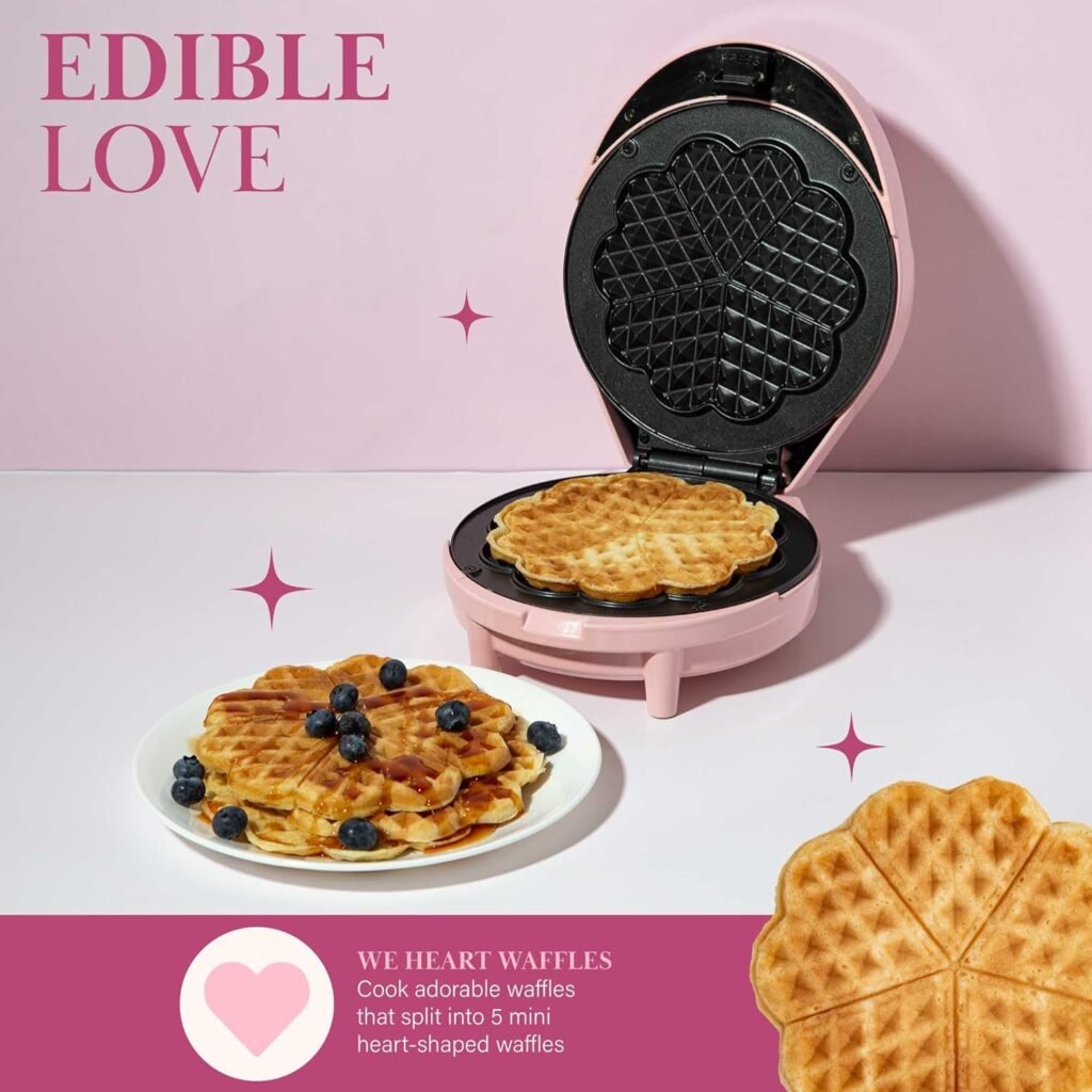 Paris Hilton Heart Waffle Maker, Makes 5 Mini Heart Shaped Waffles or 1 Individual Waffle, Easy to Clean 6 Nonstick Plates, Made without PFAS or PFOA, Electric Waffle Iron, Pink