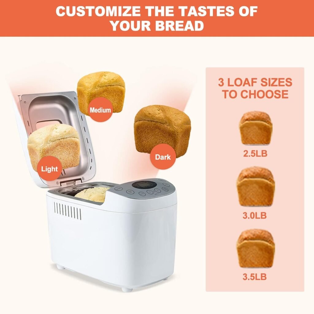 Patioer 3.5LB Bread Maker Machine 15-in-1 Automatic Bread Machine with Dual Kneading Paddles Breadmaker with Touch PanelLCD Display,Gluten Free Setting,3 Loaf Sizes 3 Crust Colors,White