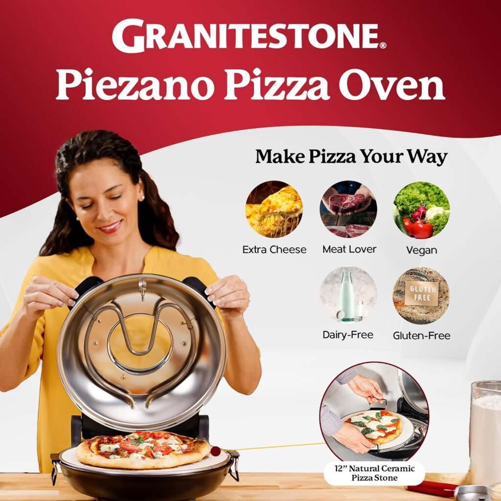 Piezano Pizza Oven by Granitestone – Electric Pizza Oven Indoor Portable, 12 Inch Indoor Pizza Oven Countertop, Stone Baked Pizza Maker Heats up to 800˚F for Brick Oven Taste at Home As Seen on TV