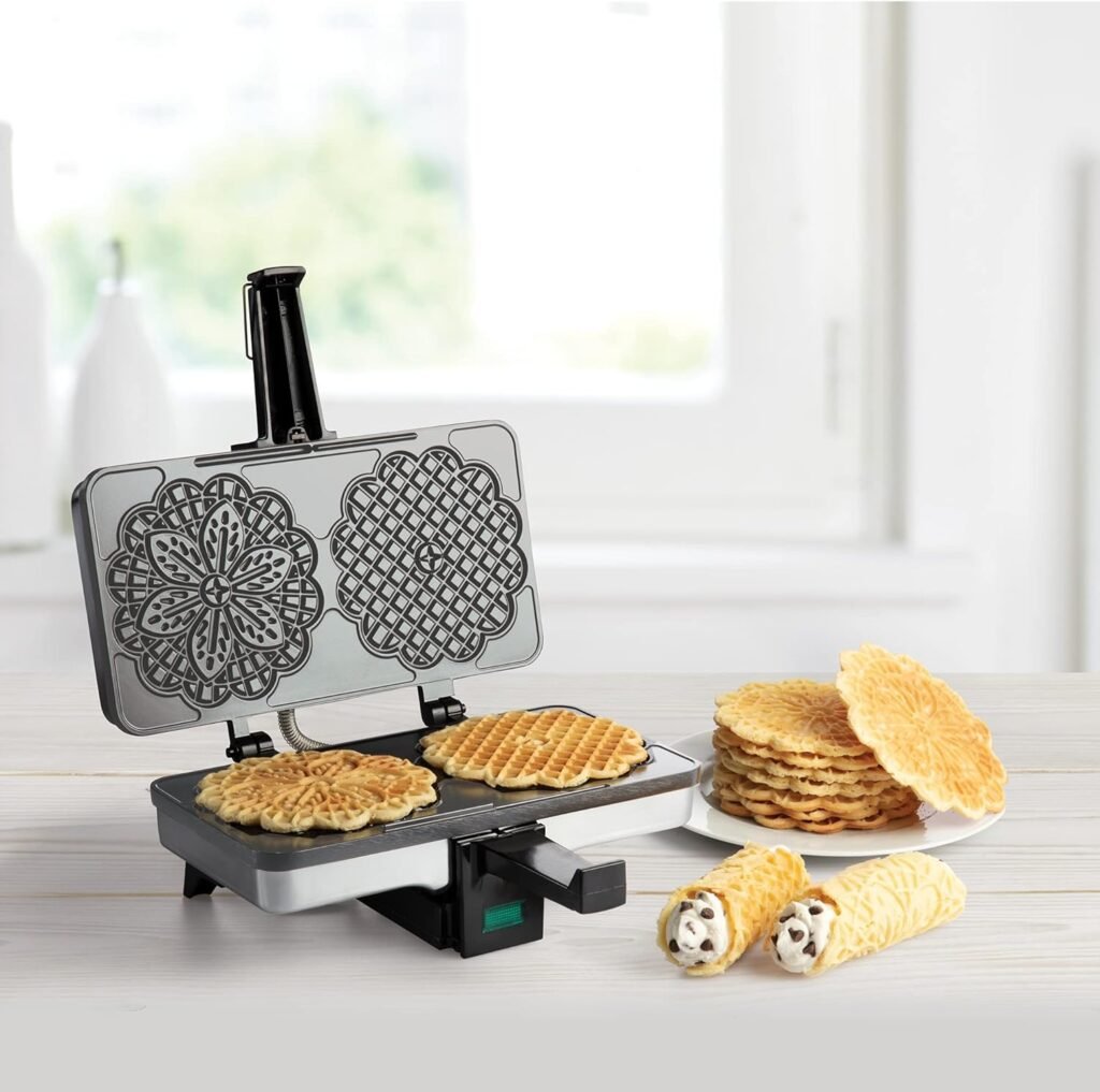 Pizzelle Maker - Non-stick Electric Pizzelle Baker Press Makes Two 5-Inch Cookies at Once- Recipe Guide Included- Fun Party Dessert Treat Making Made Easy- Unique Birthday, Valentines Day Gift for Her