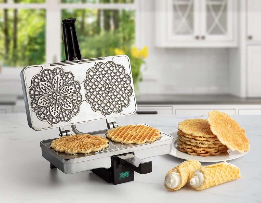 Pizzelle Maker - Non-stick Electric Pizzelle Baker Press Makes Two 5-Inch Cookies at Once- Recipe Guide Included- Fun Party Dessert Treat Making Made Easy- Unique Birthday, Valentines Day Gift for Her