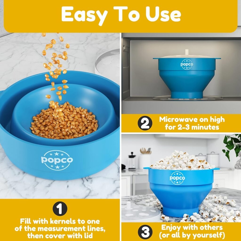 POPCO Silicone Microwave Popcorn Popper with Handles | Popcorn Maker | Collapsible Popcorn Bowl | BPA Free and Dishwasher Safe | 15 Colors Available (Blue)