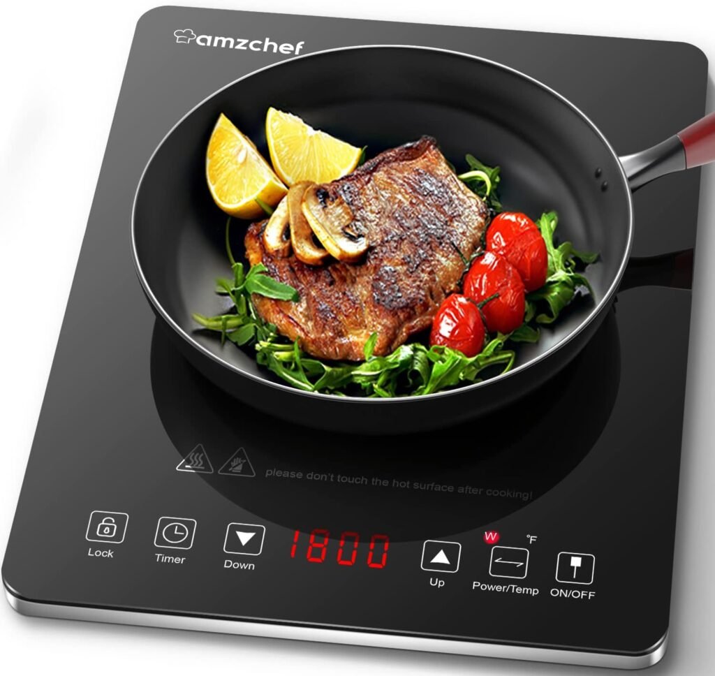 Portable Induction Cooktop AMZCHEF 1800W Induction Stove Burner With Ultra Thin Body, Low Noise Hot Plate With Sensor Touch Single Electric Cooktops Countertop Stove With 8 Temperature  Power Levels