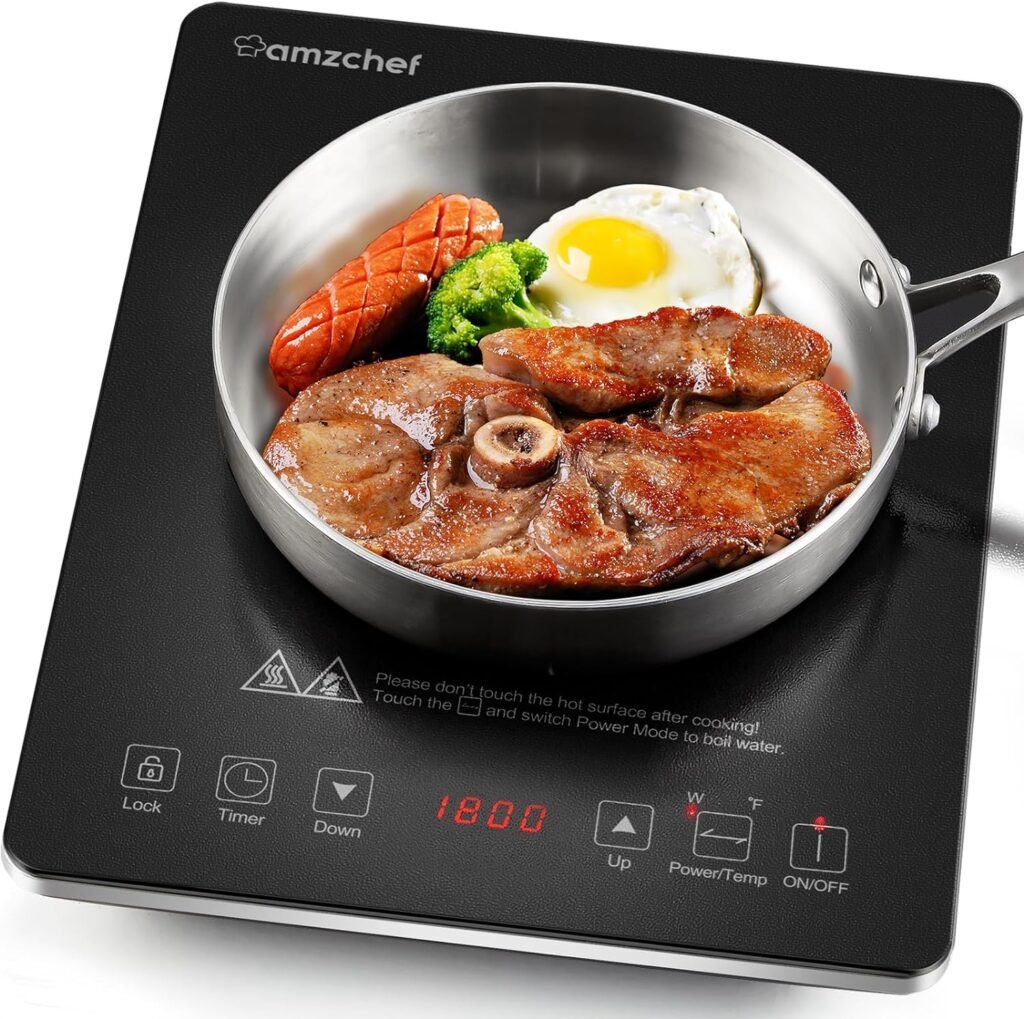 Portable Induction Cooktop AMZCHEF 1800W Induction Stove Burner With Ultra Thin Body, Low Noise Hot Plate With Sensor Touch Single Electric Cooktops Countertop Stove With 8 Temperature  Power Levels