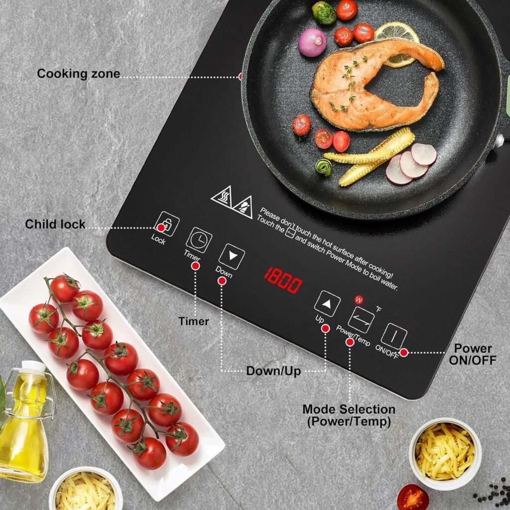 Portable Induction Cooktop AMZCHEF 1800W Induction Stove Burner With Ultra Thin Body, Low Noise Hot Plate With Sensor Touch Single Electric Cooktops Countertop Stove With 8 Temperature  Power Levels