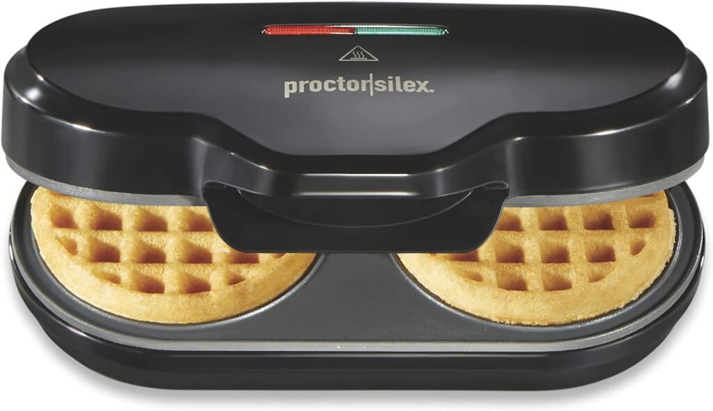 Proctor Silex Double Mini Waffle Maker Machine with 4” Round Non-stick Grids, Makes 2 Personalized Individual Breakfast Keto Chaffles and Hashbrowns, Compact, Black (26102)