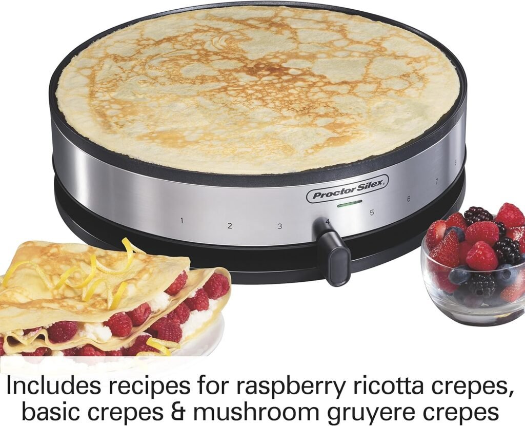 Proctor Silex Electric Crepe Maker with 13” Nonstick Griddle for Eggs, Pancakes, Omelets and Quesadillas, with Temperature Control, Spatula, Spreader, Batter Cup, Stainless Steel (38400PS)