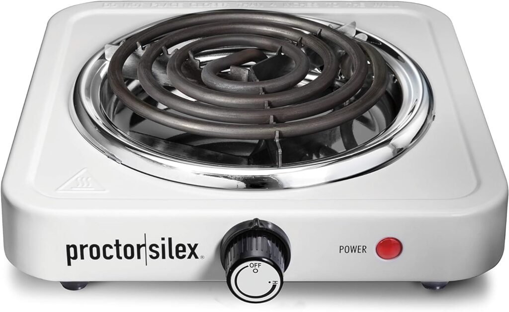 Proctor Silex Electric Stove, Single Burner Cooktop, Compact and Portable, Adjustable Temperature Hot Plate, 1200 Watts, White  Stainless (34106)