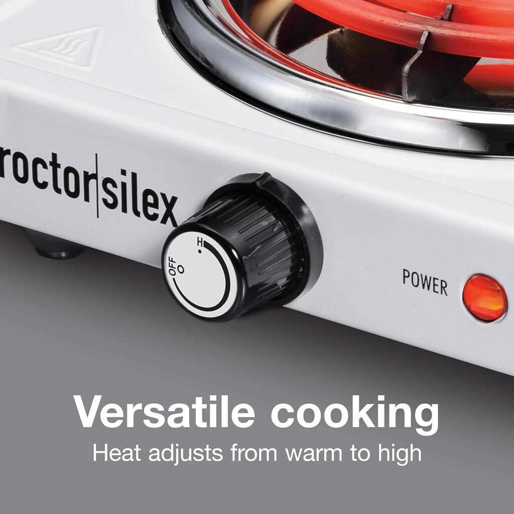 Proctor Silex Electric Stove, Single Burner Cooktop, Compact and Portable, Adjustable Temperature Hot Plate, 1200 Watts, White  Stainless (34106)