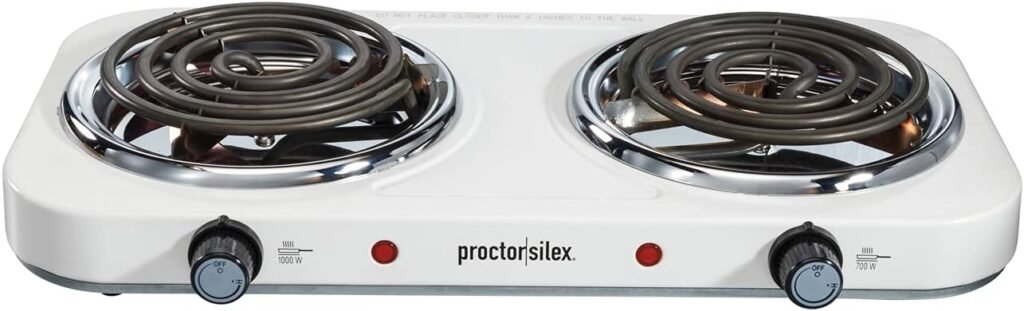 Proctor Silex Electric Stove, Single Burner Cooktop, Compact and Portable, Adjustable Temperature Hot Plate, 1200 Watts, White  Stainless (34106)