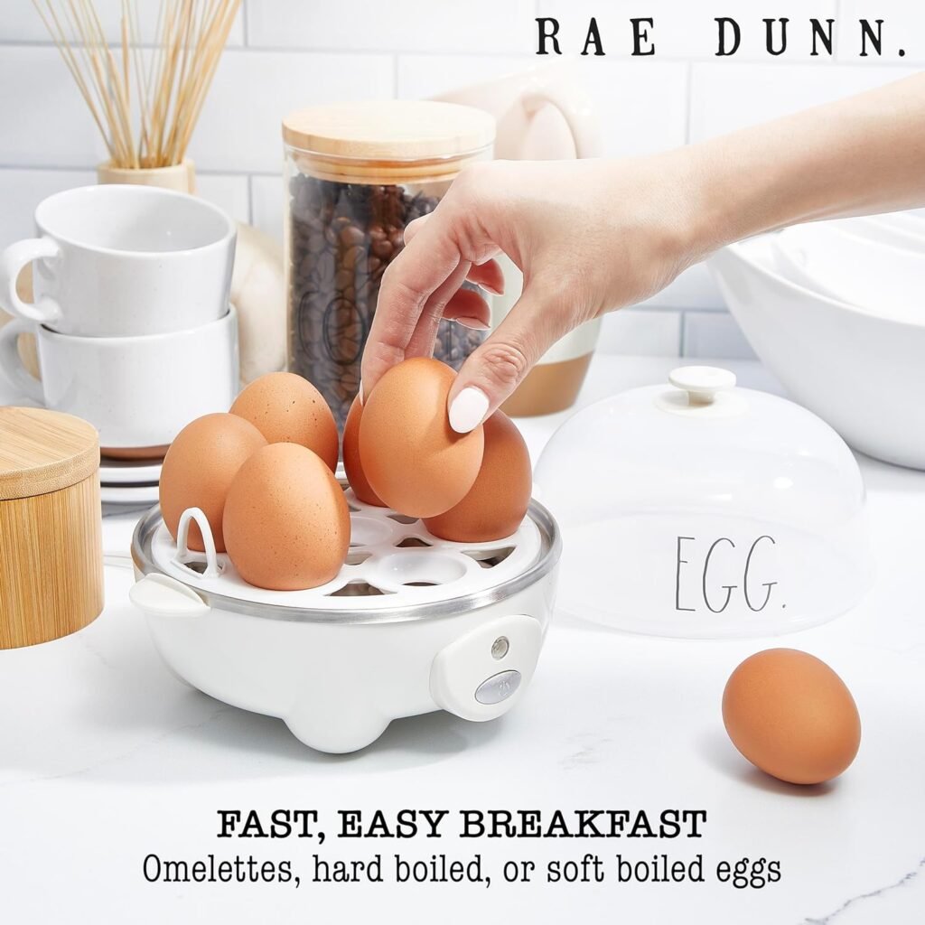 Rae Dunn 7-Egg Auto-Shut Off Egg Cooker with Measuring Cup, Boiling Tray, and Omelette Tray - Rapid Cooking, Clear Lid, and Power Light, Cream