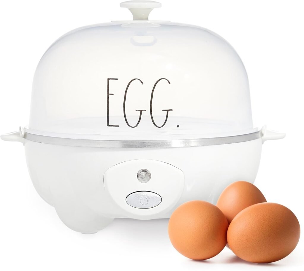 Rae Dunn 7-Egg Auto-Shut Off Egg Cooker with Measuring Cup, Boiling Tray, and Omelette Tray - Rapid Cooking, Clear Lid, and Power Light, Cream