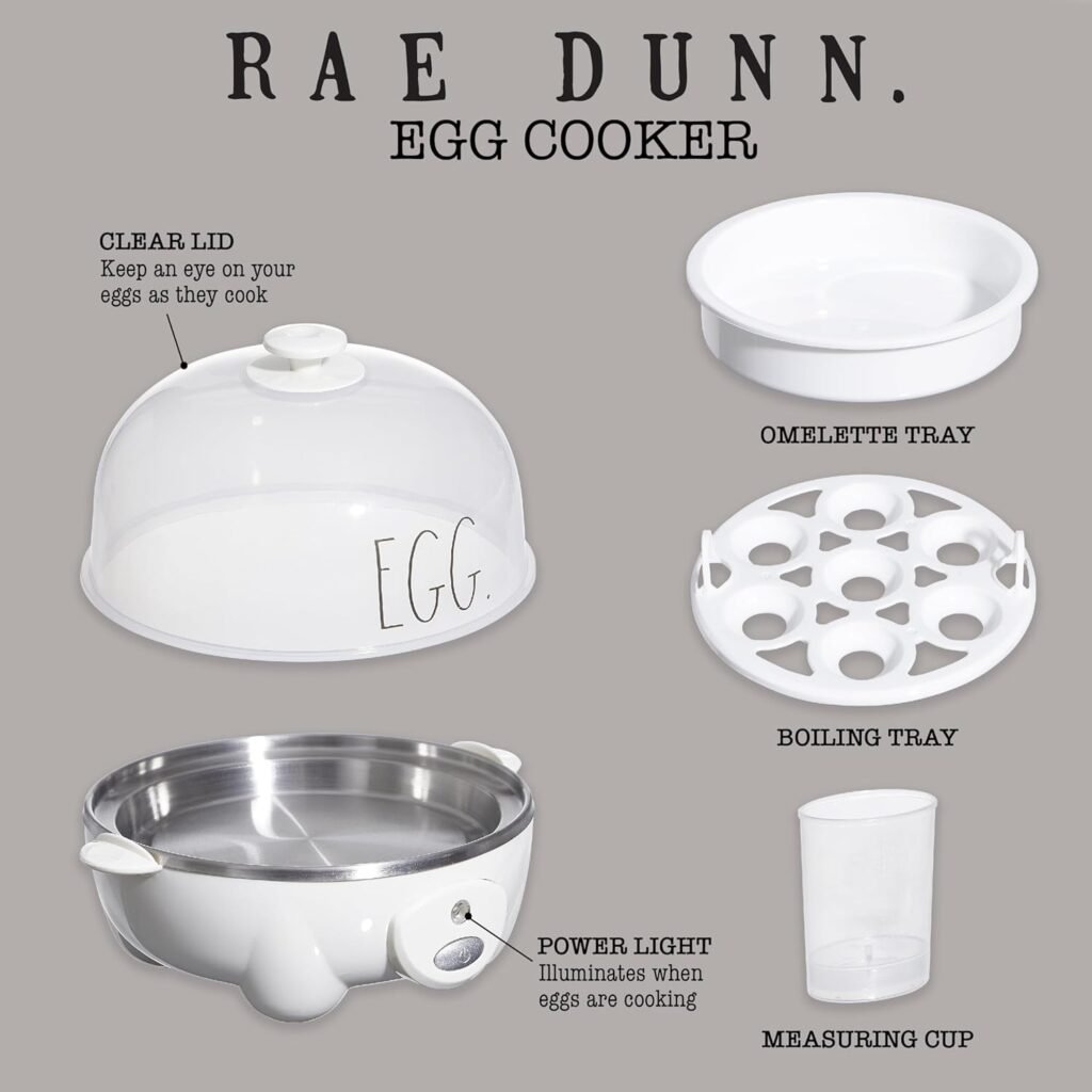 Rae Dunn 7-Egg Auto-Shut Off Egg Cooker with Measuring Cup, Boiling Tray, and Omelette Tray - Rapid Cooking, Clear Lid, and Power Light, Cream