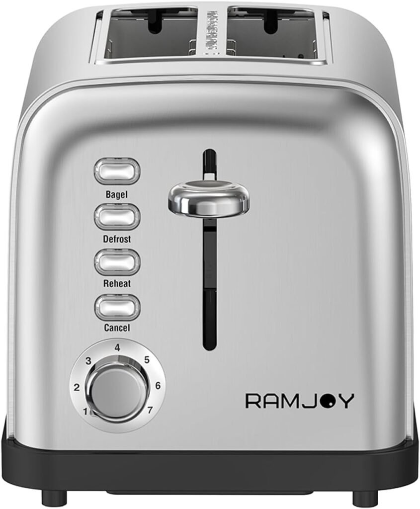 RAMJOY Toaster 2 Slice, Extra-Wide Slot Toasters for Bagels, Bread, Waffles, 7 Shade Settings, 4 Main Functions, Removable Crumb Tray, 900 Watts, Brushed Stainless Steel