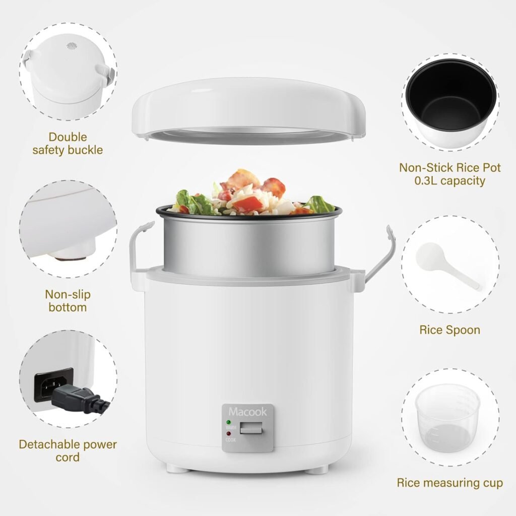 Rice Cooker Small 1-1.5 Cups Uncooked(3 Cups Cooked), Mini Rice Cooker with Removable Nonstick Pot, One TouchKeep Warm Function, Travel Rice Cooker for Soup Grain Oatmeal Veggie, White