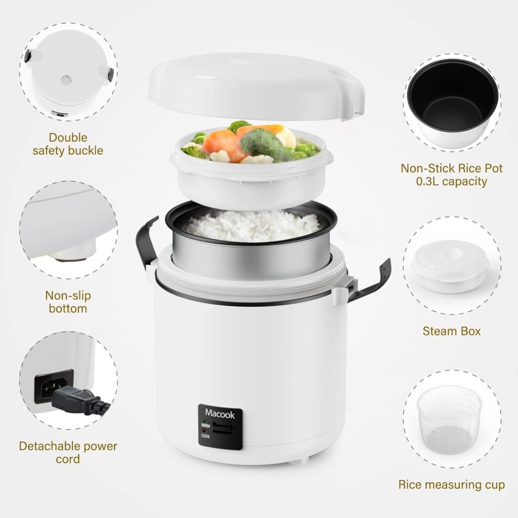 Rice Cooker Small 1-1.5 Cups Uncooked(3 Cups Cooked), Mini Rice Cooker with Removable Nonstick Pot, One TouchKeep Warm Function, Travel Rice Cooker for Soup Grain Oatmeal Veggie, White