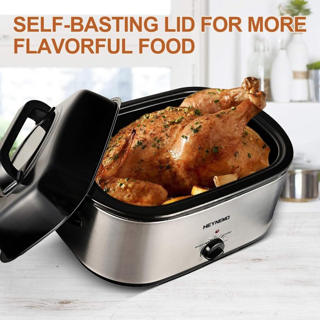 Roaster Oven, 24Qt Electric Roaster Oven, Turkey Roaster Oven Buffet with Self-Basting Lid, Removable Pan, Cool-Touch Handles, 1450W Stainless Steel Roaster Oven, Silver