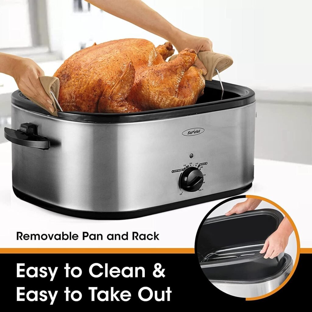 Roaster Oven with Self-Basting Lid, Electric Roaster with Removable Pan  Rack, 150-450°F Full-Range Temperature Control with Defrost/Warm Function, Stainless Steel, Silver