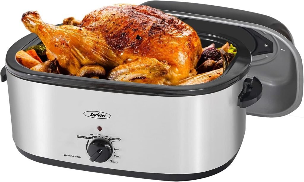 Roaster Oven with Self-Basting Lid, Electric Roaster with Removable Pan  Rack, 150-450°F Full-Range Temperature Control with Defrost/Warm Function, Stainless Steel, Silver