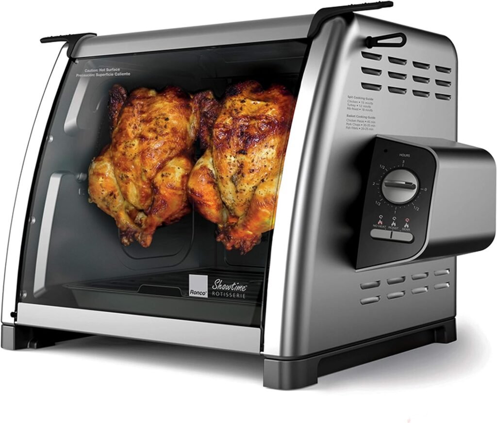 Ronco Showtime Large Capacity Rotisserie  BBQ Oven Modern Edition, Simple Switch Controls, Silicone Door Tie, Perfect Preset Rotation Speed, Self-Basting, Auto Shutoff, Includes Multipurpose Basket