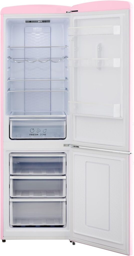 RR2 12 cu. ft. Retro Refrigerator Full Size Fridge with Bottom Freezer, Frost Free, LED Light, Multiflow 360°, Small Mini Ice Cube Tray, 1 Fruit slot, Dorm Office Beverage RV Quiet Compressor (Pink)