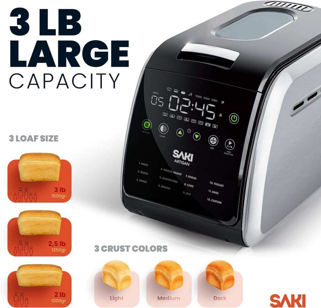 SAKI 3 LB Large Bread Maker Machine, 12-in-1 Programmable Large Bread Machine, with Nonstick Ceramic Bread Pan  Large Digital Touch Panel, 3 Loaf Sizes with 3 Crust Colors Options, Keep Warm Mode