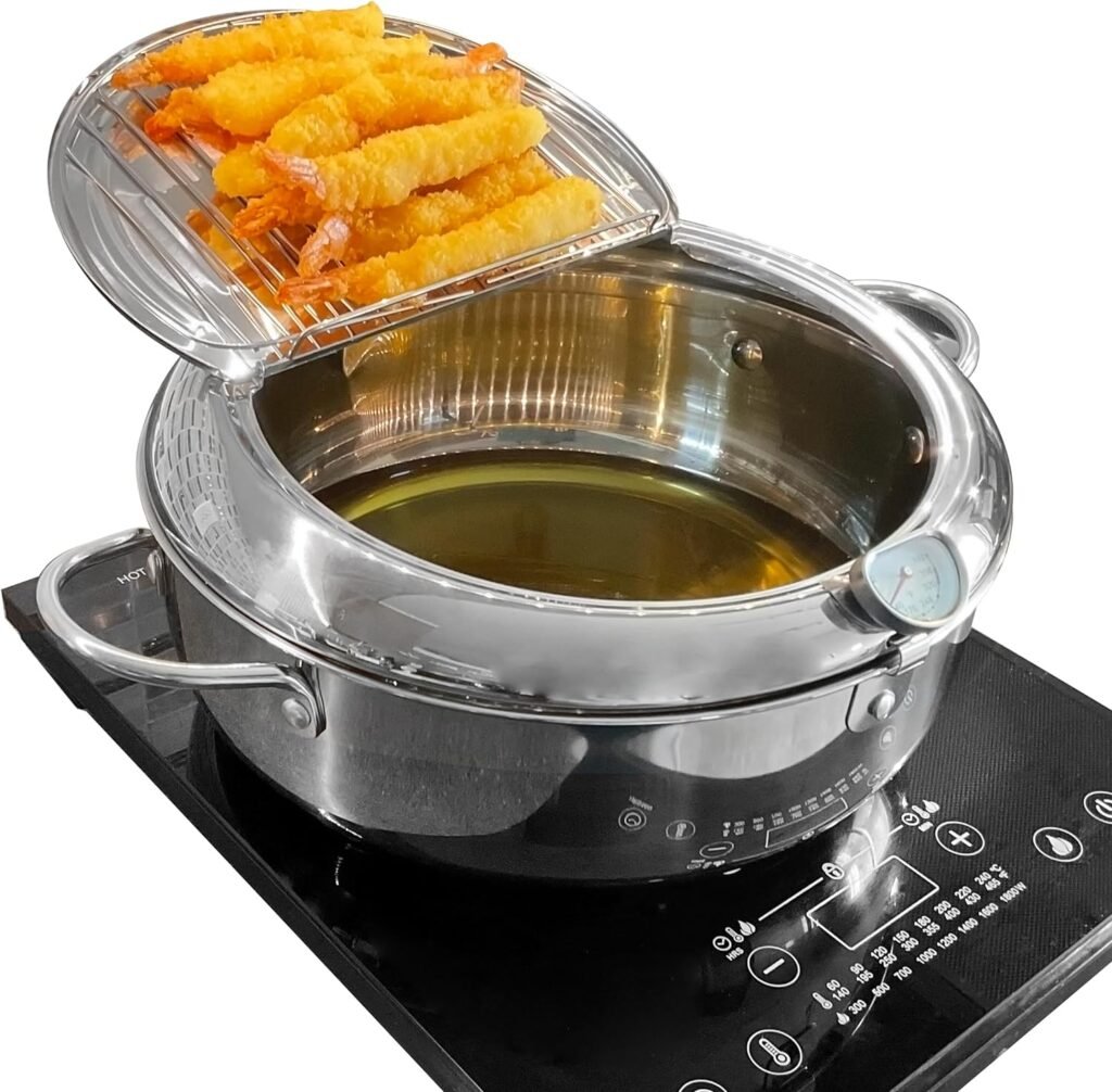 Saltlas Deep Fryer Pot (°F), 11/4.4Qt (4.2 L) Extra Large Tempura Frying Pot with Lid, 304 Stainless Steel Fry Pot with Fahrenheit Temperature Control and Oil Drip Drain Rack