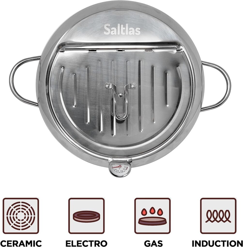 Saltlas Deep Fryer Pot (°F), 11/4.4Qt (4.2 L) Extra Large Tempura Frying Pot with Lid, 304 Stainless Steel Fry Pot with Fahrenheit Temperature Control and Oil Drip Drain Rack