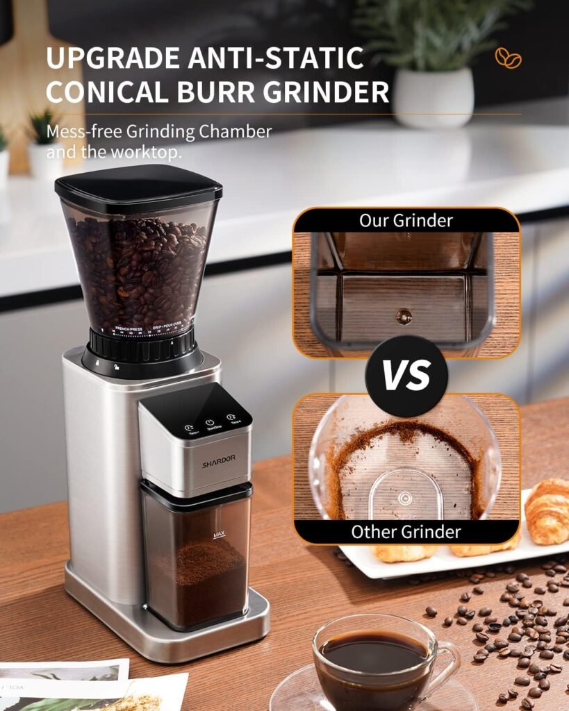 SHARDOR Conical Burr Coffee Grinder Electric, Adjustable Touchscreen Burr Mill with 48 Precise Settings, Precision Electronic Timer, Anti-static, Brushed Stainless Steel