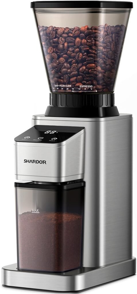 SHARDOR Conical Burr Coffee Grinder Electric, Adjustable Touchscreen Burr Mill with 48 Precise Settings, Precision Electronic Timer, Anti-static, Brushed Stainless Steel