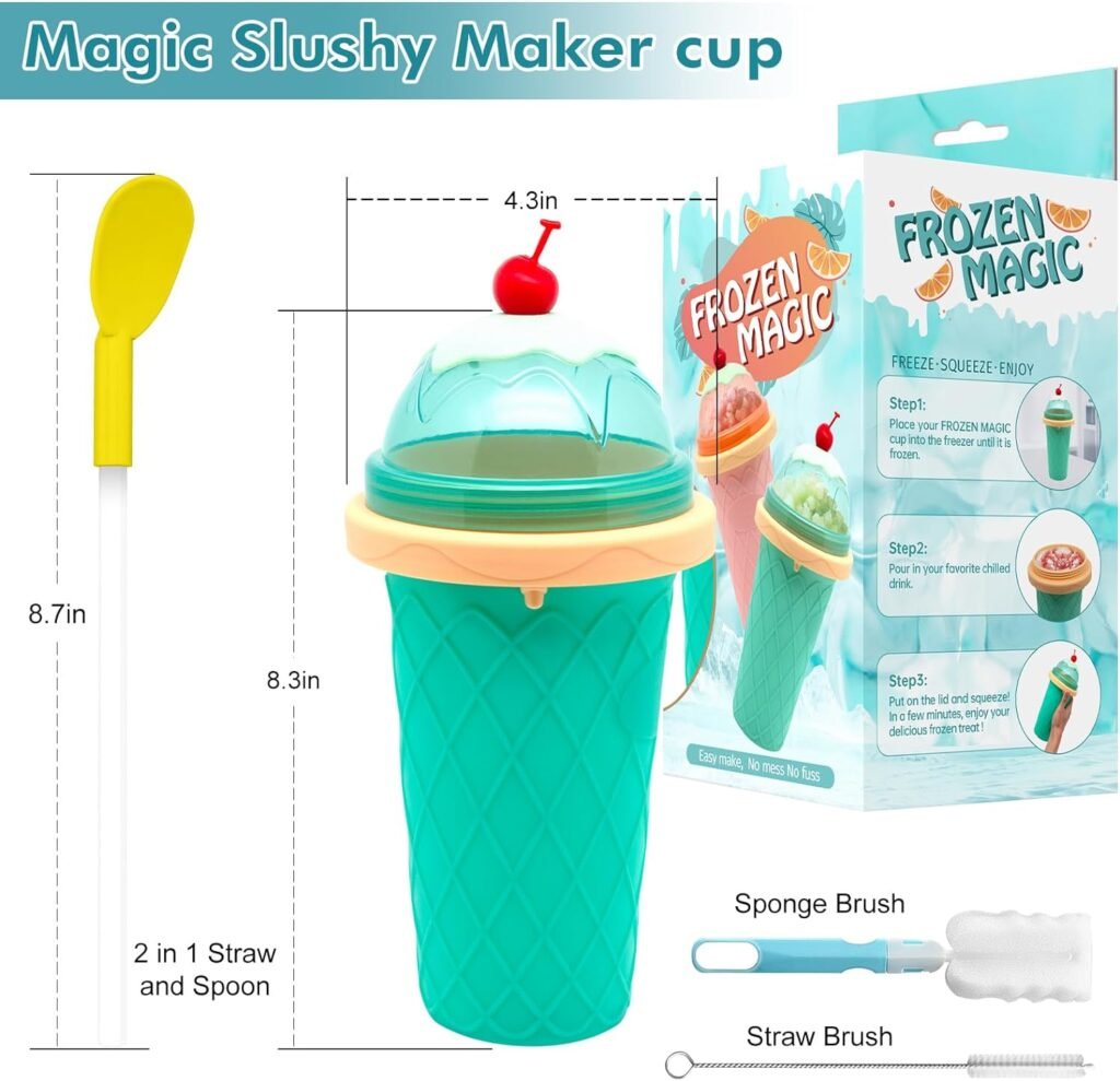 Slushie Cup, Smoothie Cups with Lids  Straws, Slushy Cup for Juices, Milk and Ice Cream Make, Portable Frozen Magic Slushie Cup Maker for Kids, Friends and Family (Pink)