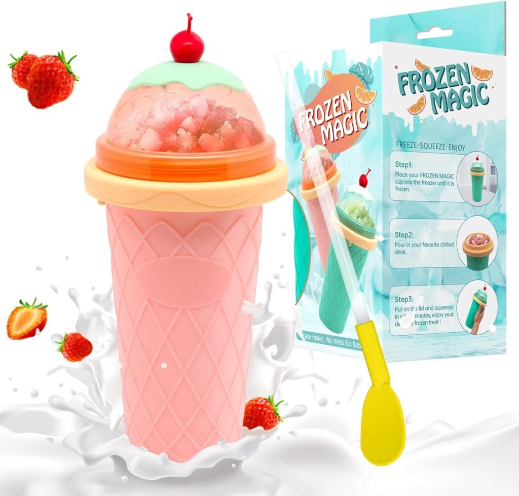 Slushie Cup, Smoothie Cups with Lids  Straws, Slushy Cup for Juices, Milk and Ice Cream Make, Portable Frozen Magic Slushie Cup Maker for Kids, Friends and Family (Pink)