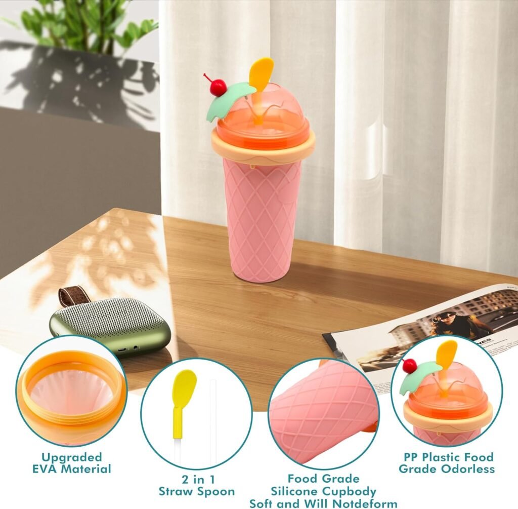 Slushie Cup, Smoothie Cups with Lids  Straws, Slushy Cup for Juices, Milk and Ice Cream Make, Portable Frozen Magic Slushie Cup Maker for Kids, Friends and Family (Pink)