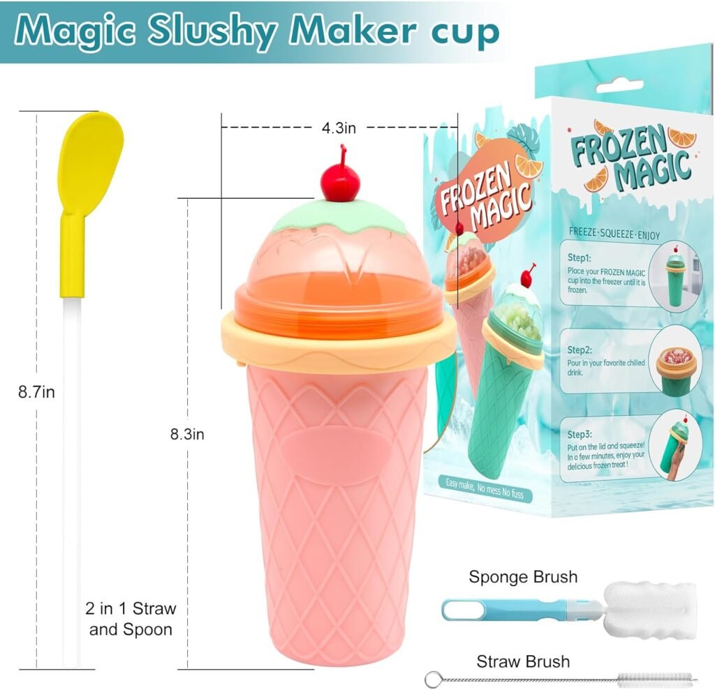 Slushie Cup, Smoothie Cups with Lids  Straws, Slushy Cup for Juices, Milk and Ice Cream Make, Portable Frozen Magic Slushie Cup Maker for Kids, Friends and Family (Pink)