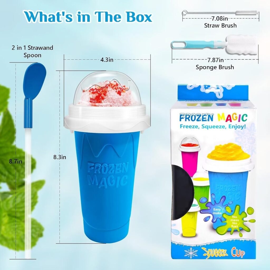 Slushy Maker Cup, DIY Magic Slushy Maker Squeeze Cup, Portable Smoothie Squeeze Cup for Juices, Milk and Ice Cream Make, Double Layers Silica Cup with Lid  Straw for Kids, Friends, Family (Blue)