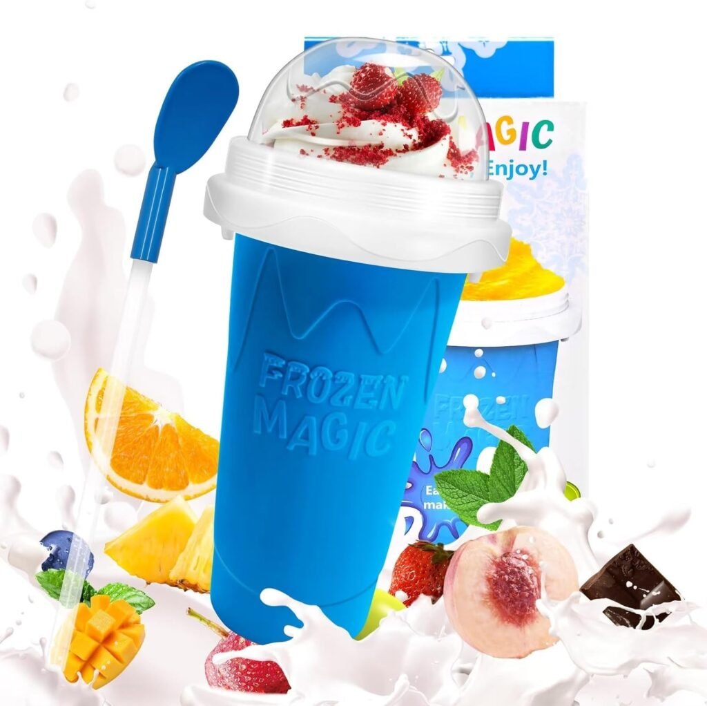 Slushy Maker Cup, DIY Magic Slushy Maker Squeeze Cup, Portable Smoothie Squeeze Cup for Juices, Milk and Ice Cream Make, Double Layers Silica Cup with Lid  Straw for Kids, Friends, Family (Blue)