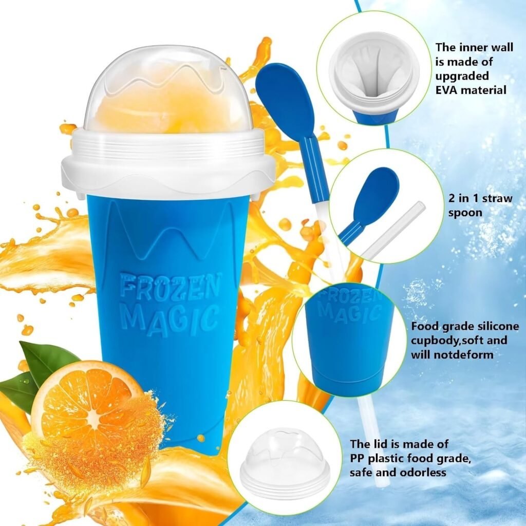 Slushy Maker Cup, DIY Magic Slushy Maker Squeeze Cup, Portable Smoothie Squeeze Cup for Juices, Milk and Ice Cream Make, Double Layers Silica Cup with Lid  Straw for Kids, Friends, Family (Blue)