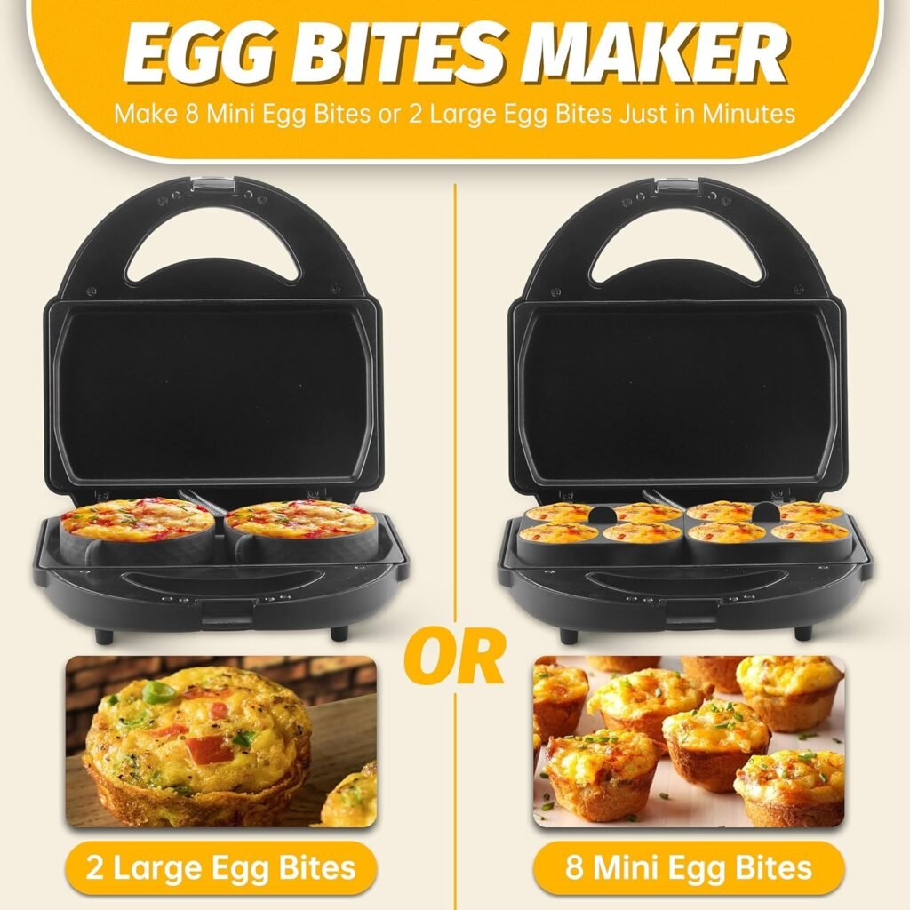 Sous Vide Style Egg Bite Maker Machine with 4 Silicone Molds, Grilled Cheese Maker, Mini Griddle, Ideal for Breakfast Sandwiches, Snacks, Desserts, 8 Mini Egg Bites  2 Large Egg Bites