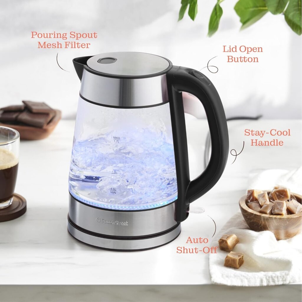 Speed-Boil Electric Kettle For Coffee  Tea - 1.7L Water Boiler 1500W, Borosilicate Glass, Easy Clean Wide Opening, Auto Shut-Off, Cool Touch Handle, LED Light. 360° Rotation, Boil Dry Protection