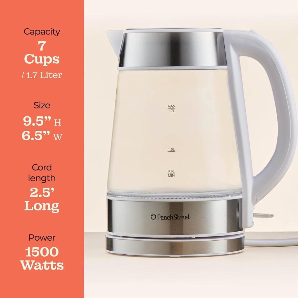 Speed-Boil Electric Kettle For Coffee  Tea - 1.7L Water Boiler 1500W, Borosilicate Glass, Easy Clean Wide Opening, Auto Shut-Off, Cool Touch Handle, LED Light. 360° Rotation, Boil Dry Protection